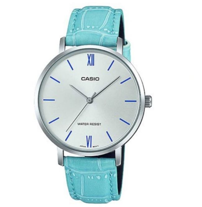 Casio LTP-VT01L-7B3 – kožni kaiš tirkiz plavi, beli brojčanik, retro šarm